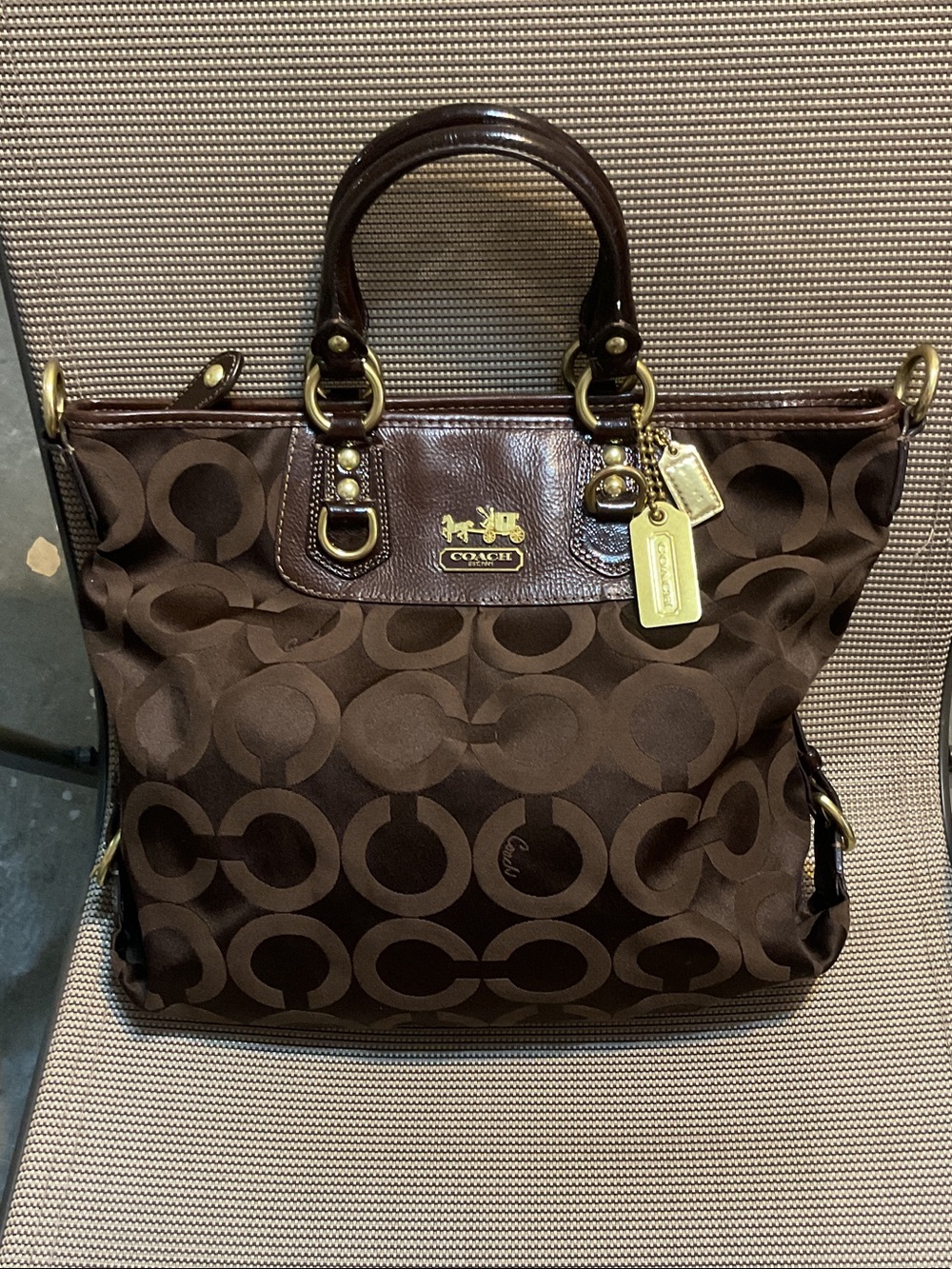Coach Dark Brown Signature Canvas Tote with Leather Trim